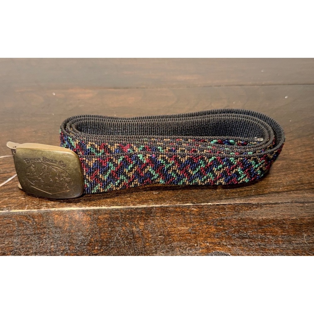 Bison Belt‎ Co Mens Multicolor Geometric Webbed Belt Brass Logo Buckle